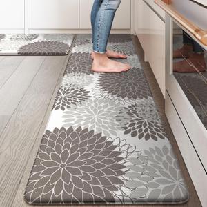 Anti Fatigue Kitchen Mats, Non Slip Boho Dahlia Kitchen Rugs Sets 2 Piece, Waterproof Farmhouse Kitchen Mat for Floor, Cushioned Standing Mat for Office, Laundry, Sink, Desk, Grey