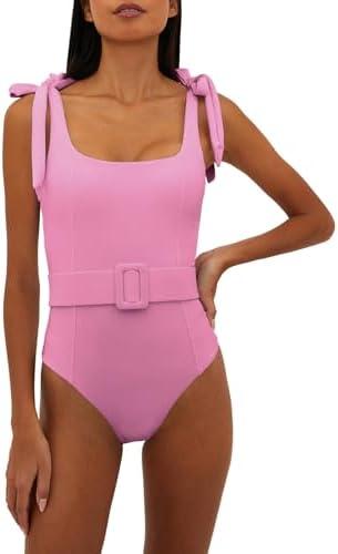 Saodimallsu Womens Sexy One Piece Bathing Suit High Cut Knit Square Neck Tied Strappy Swimsuit with Belt M Saodimallsu Womens Sexy One Piece Bathing Suit High Cut Knit Square Neck Tied Strappy Swimsuit with Belt M