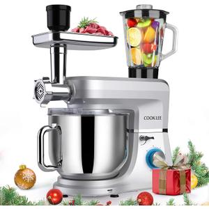 COOKLEE 6-IN-1 Stand Mixer, 8.5 Qt. Multifunctional Electric Kitchen Mixer with Beater, Whisk, Dough Hook, Meat Grinder and Other Accessories for Most Home Cooks, SM-1507BM, Silvery
