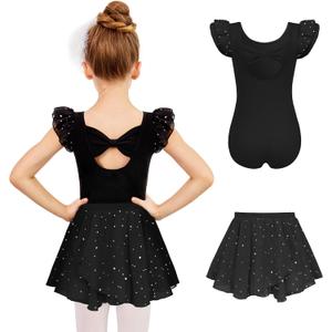 Zaclotre Girls Ballet Leotards Toddler Ruffle Sleeve Bow Back Dance Outfits Leotard with Removable Shinny Skirt Combo (8-9 Years, Black)