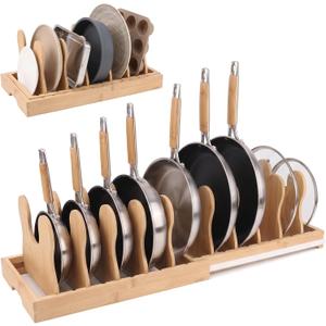 MEKER Pot Lid Holders, Cabinet Organizer for Food Contanier Lid, Bamboo Expandable Bakeware for Under Cabinet, Adjustable Dividers, Pot Lids Holder Rack, Cookie Sheet Baking Pan, Tray Organizer, 10PCS