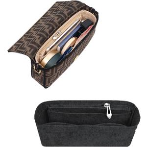 Chispee Softened Felt Purse Organizer Insert for Tote, Baguette, Longchamp Handbags Lightweight Bag Organizer with Zipper & Multiple Pockets (Mini,Dark grey)