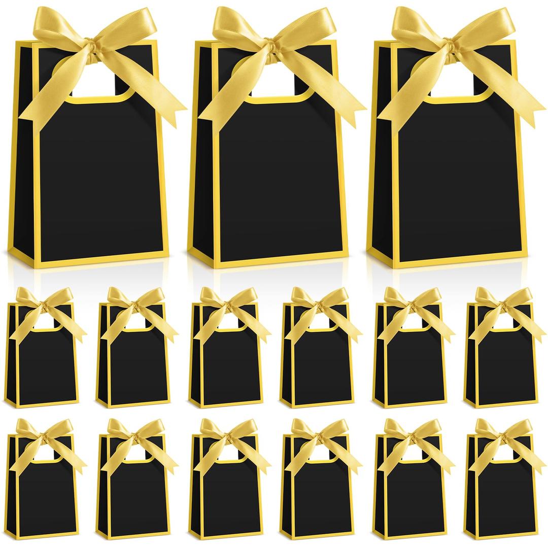 AmazingSpark 50 Pcs Black Gold Mini Gift Bags Bulk 6.3 x 3.9 x 2.8 Inch Party Favors Elegant Small Gift Bags with Handles and Ribbon Bows for Wedding Birthday Bridal Baby Shower Party Favors