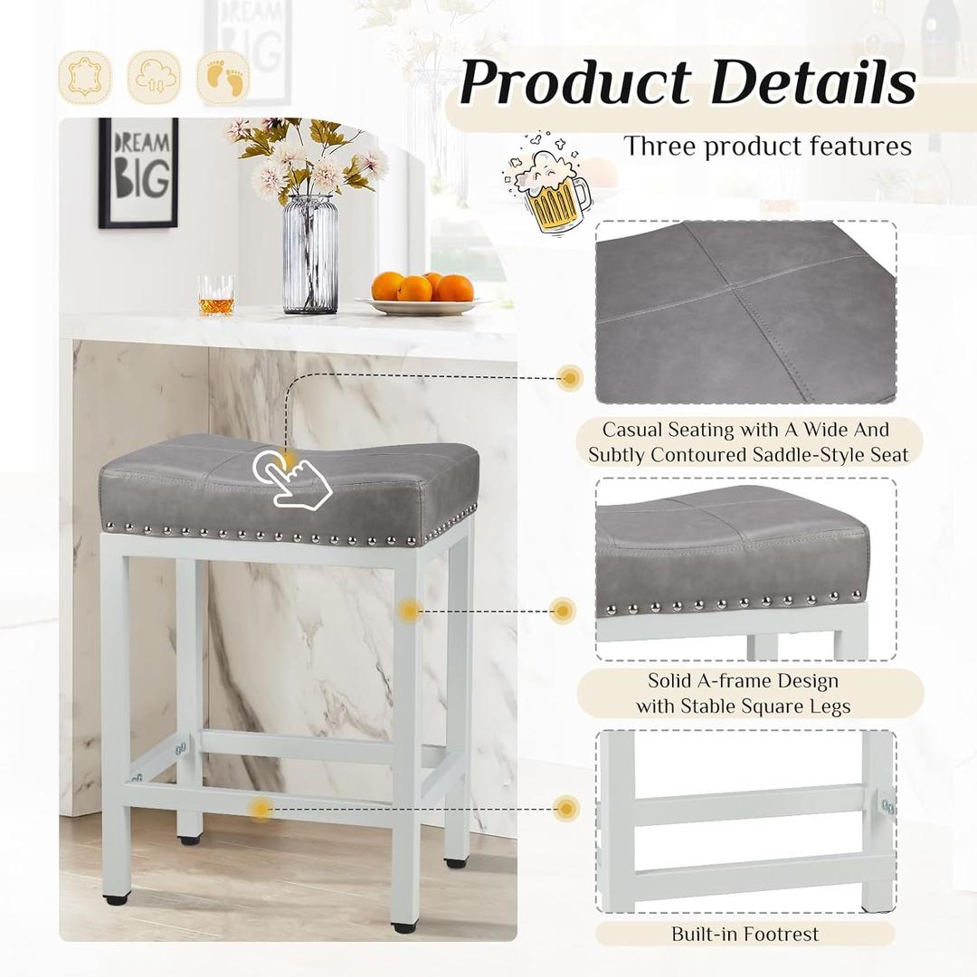 Sweetcrispy Counter Bar Stools Set of 2, 24 Inch Barstools for Kitchen Island, Upholated PU Leather Kitchen Chairs with Thick Saddle Seat & Metal Base and Footrest, Grey (Set of 2, White With Light Grey Cushion)