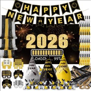 New Years Eve Party Supplies 2026 for 96, New Years Eve Party Decorations, a Banner, 48 Cone Hats, 48 Glasses, 98 Blowouts, 48 Leis, 50 Necklaces and a Backdrop, Great NYE Decorations Pack