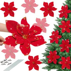 6 Pcs 12''Large Glitter Christmas Poinsettia Flowers Artificial Jumbo Christmas Tree Decorations with Clips Red Ornaments for Christmas Tree Big Red Christmas Decor for Xmas New Year Party