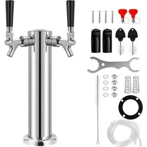 Kegerator Tower Double Tap Beer Tower Dual Faucet Beer Tower Stainless Steel 3'' Flange Beer Tower Dispenser Beer Tap Kegerator Parts with Pre-Assembled Tubing and Self-Closing Springs