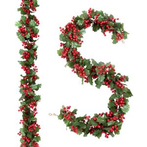 Findosom Total 11.2FT Christmas Garland for Mantle, 2PCS Flexible Red Berry Garland with Leaves, Artificial Garlands for Decoration Christmas Fireplace Indoor Outdoor Home Stairs Holiday Decor