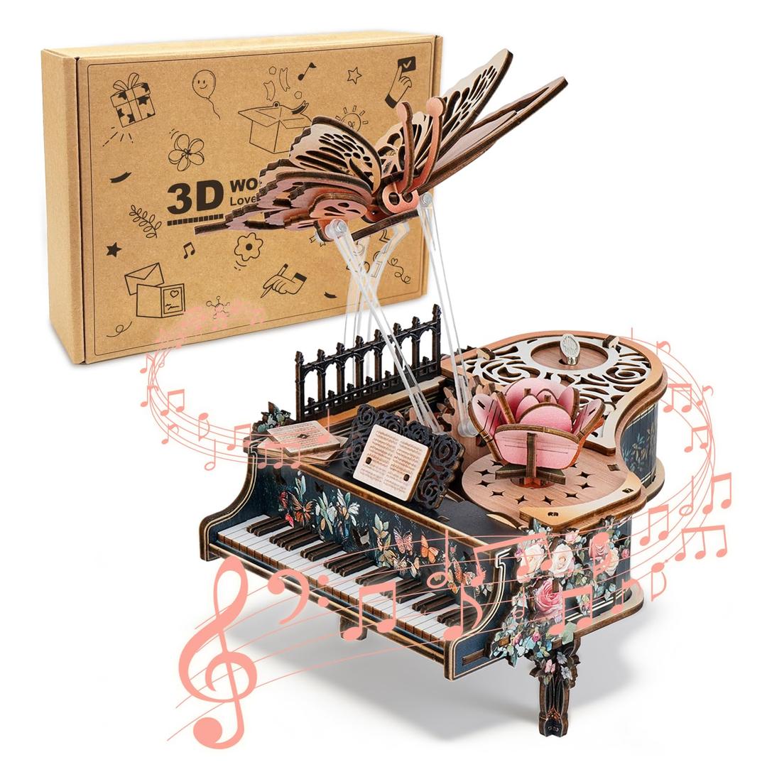 3D Wood Puzzles for Adults, Mechanical Music Box-Retro Flowers Piano Music Box, DIY Rotating Model Building Kits for Teens, DIY Crafts/Desk Decor Hobbies for Women Men