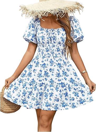 Floerns Women's Boho Square Neck Puff Short Sleeve Self Tie Front A Line Dress, S, Blue