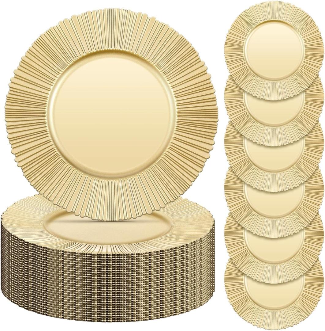 Yaomiao 50 Pcs 13 Inch Gold Charger Plates Bulk Plastic Plates Chargers Round Dinner Chargers for Wedding Party Table Setting Bridal Shower Event Decor (Light Gold)