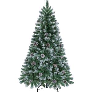 Yaheetech 4.5ft Artificial Christmas Tree, Snow Flocked Christmas Tree w/35 Pinecones, 412 Frosted Tips, Pre-Decorated Tree for Holiday Party Decoration