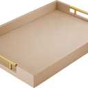 17" x 12" Wood Serving Tray with Gold Polished Metal Handles, Home Decorative Wooden Rectangle Ottoman Leather Decor Platter Bathroom Vanity Tray for All Occasions Khaki
