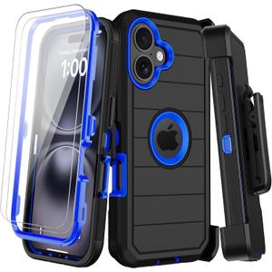 for iPhone 16 Plus Case with Belt Clip Holster,2X Screen Protectors,Heavy Duty Shockproof Drop Protection Military Grade Tri-Layer Rugged Durable Cell Phone Cover with Kickstand 6.7(Black Blue)