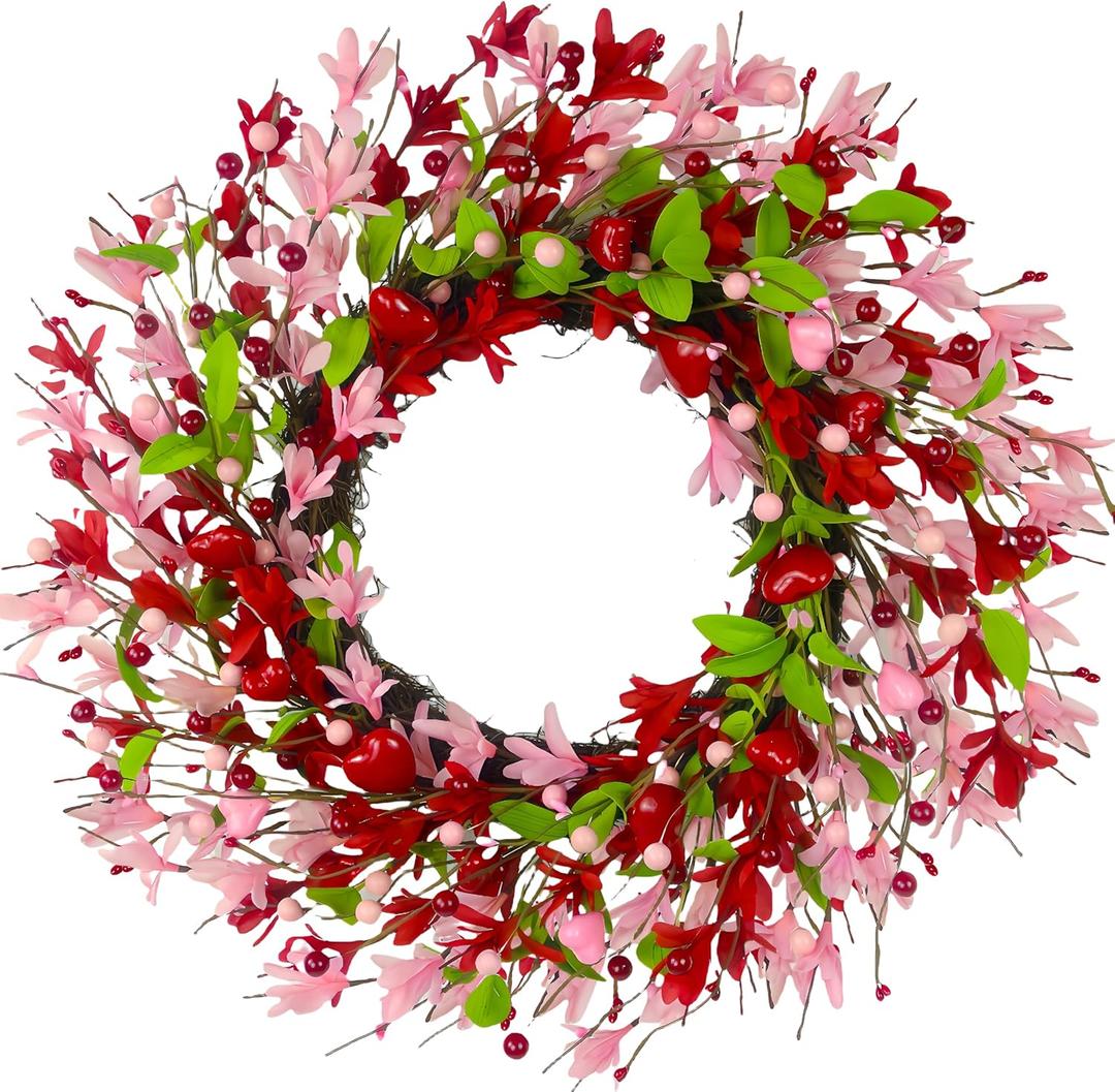 20 Inch Valentine's Day Wreath, Valentines Day Wreaths for Front Door with Pink Forsythia Flowers, Heart Shaped Berries and Green Leaves for Window, Wall and Anniversary Party Decorations