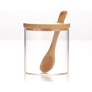 300ML/10Oz Clear Glass Jar with Bamboo Lid and Wooden Spoon, Cute Sugar Bowl Bath Salt Storage Canister Seasoning Container Condiment Pot with Scoop for Spice, Pepper for Kitchen, Table, Countertop