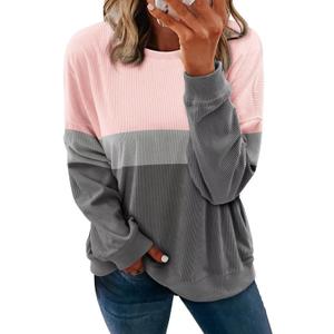 KISSMODA Womens Casual Long Sleeve Sweatshirts Color Block/Solid Tops Corduroy Crewneck Tunic Pullover with Pockets (Pink, M)