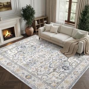 10x14 Area Rug for Living Room, Washable Non-Slip Soft Carpet | Stain Resistant, Kid & Pet Friendly Vintage Rugs, Ideal for Bedroom, Dining Room, Farmhouse, Nursery, Home Office Blue/White