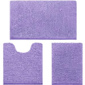 HOMEIDEAS 3 Pieces Bathroom Rugs, Ultra Soft Non Slip Absorbent Chenille Toilet Bath Mat Set (Lavender) (1'8" x 2'8" (17"x24"+20"x32"+U Shape 20"x24"))