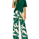 PRETTYGARDEN Women Summer 2 Piece Outfits 2025 Short Sleeve Knit Top Floral Print Belted Wide Leg Pant Sets With Pockets, Dark green floral,  L