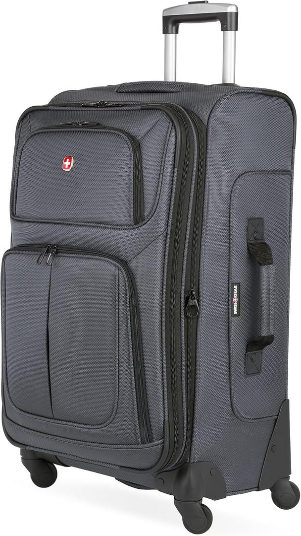 SWISSGEAR Sion Softside Expandable Spinner Luggage Durable Lightweight Travel Suitcase, Dark Grey, Checked-Medium 25-Inch