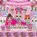 Pink Dolls Birthday Supplies Party Decorations, Pink Girls Theme Birthday Kit Include Banner, Tablecloth, Balloons, Plates, Stickers, Foil Balloons, Gift Bag, Hanging Swirls, Backdrop, Cake & Cupcake