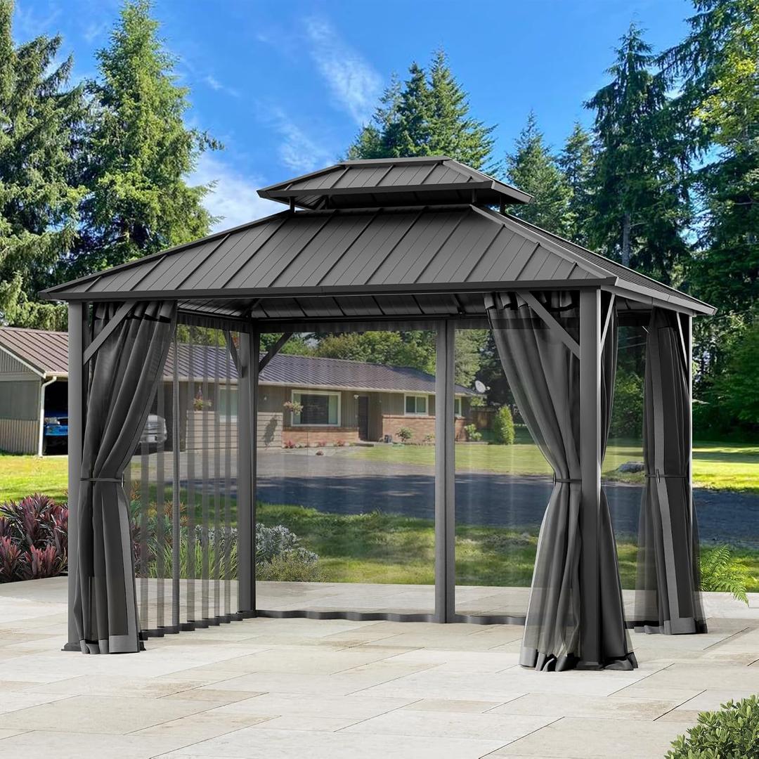 Universal Gazebo Mosquito Netting 10'x10' Replacement, 4-Panel Screen Walls with Double Zipper for Outdoor PatioCanopy Garden Gazebos, Dark Gray and Black