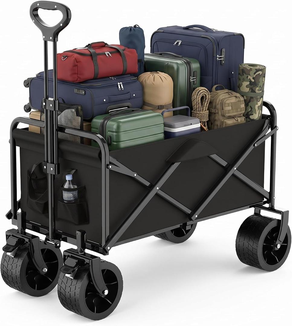 300L Collapsible Wagon Cart 250LB Foldable Garden Cart with All Terrain Wheels, Heavy Duty Utility Wagon with Cup Holders for Shopping/Beach/Garden/Camping/Sports, Black