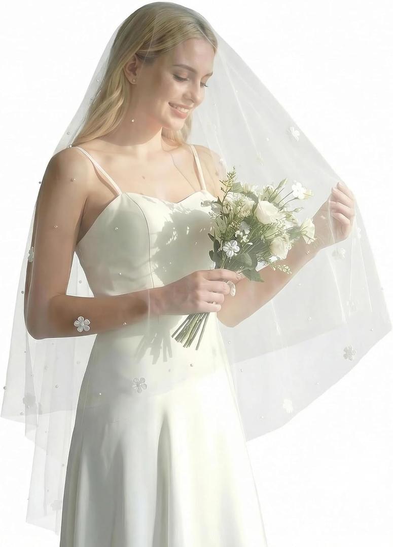 Wedding Veil for Bride 2 Tier Pearl Bridal Veil Fingertip Length Flower Veils for Women Wedding (Off-white)