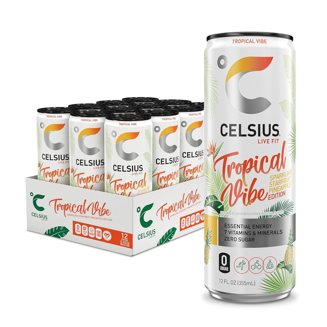 CELSIUS Sparkling Tropical Vibe, Functional Essential Energy Drink 12 Fl Oz (Pack of 12), BBD:  04/27