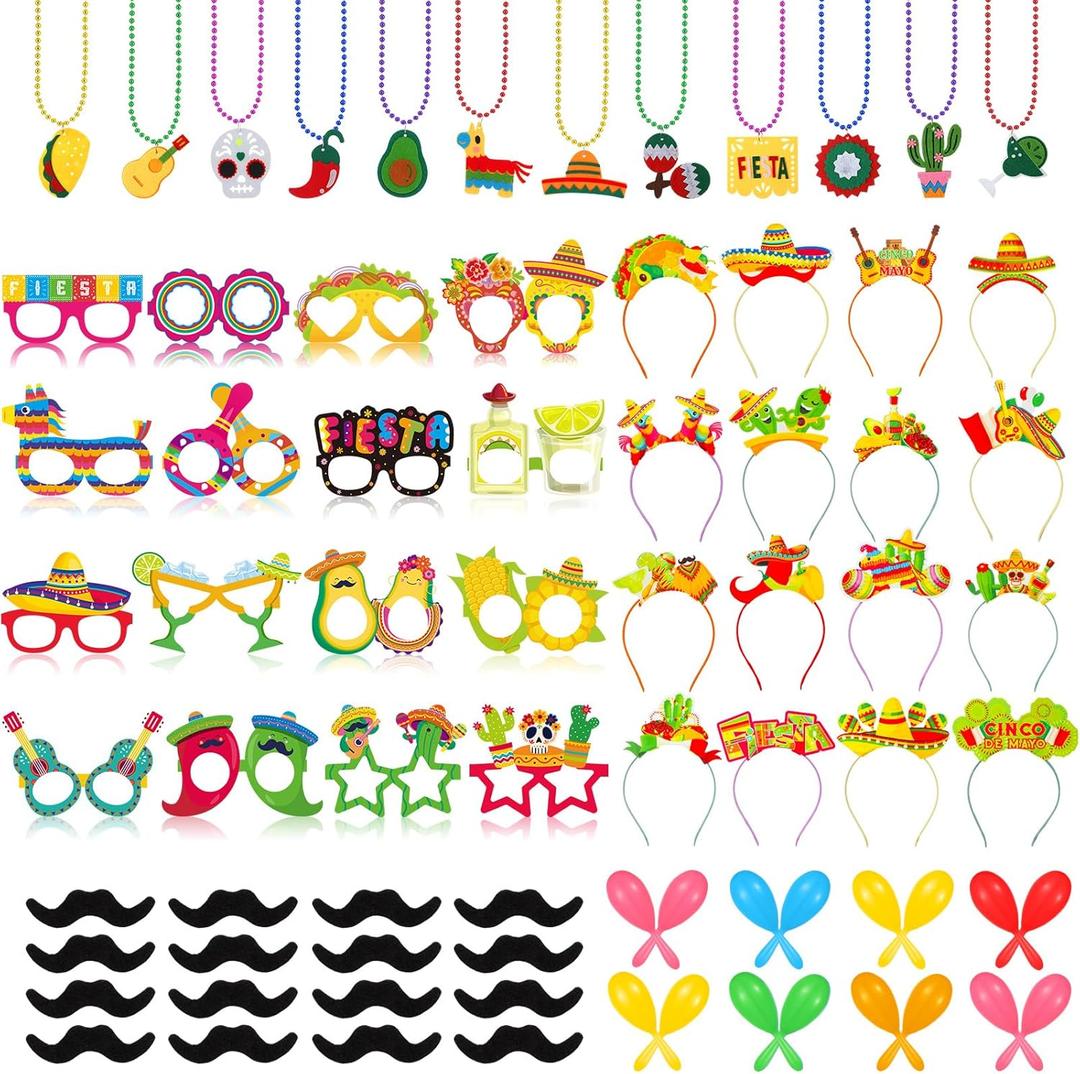 Capoda 80 Pcs Fiesta Party Decorations Sombrero Headband Cinco de Mayo Fiesta Necklaces Bead Mexican Theme Paper Glasses Plastic Maracas Beards For Adult Mexican Carnival Costume Decor