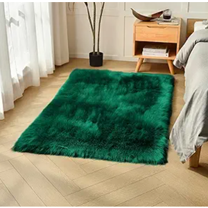 Emerald Green Faux Fur Rug, Fluffy Shag Rectangular Sheepskin Rug for Bedroom Nursery Living Room Washable, 57x37 inch