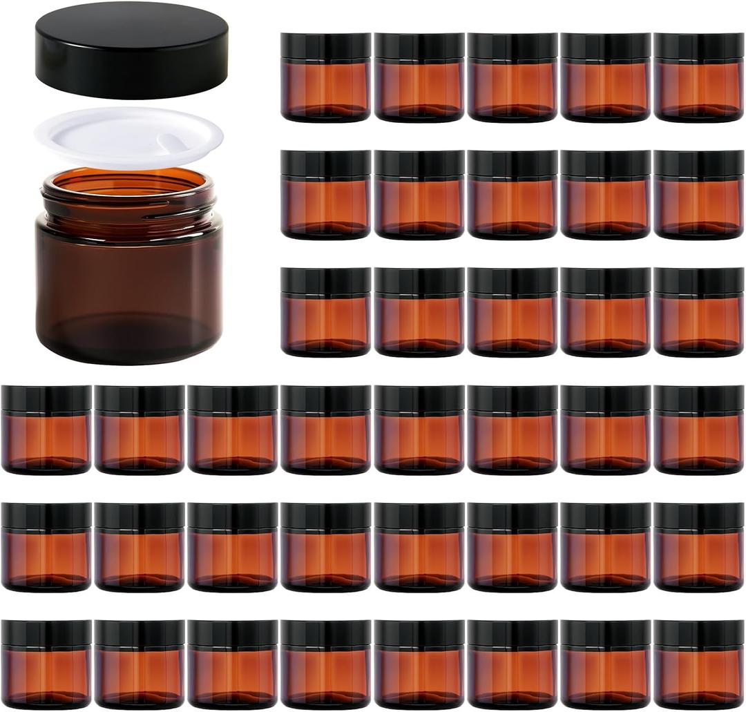 11 Hoa Kinh 2oz Jars with Lids 40 Pack Amber Glass Jars with Lids Empty Cosmetic Containers Round Airtight Glass Jar with Black Lid for Storing Lotions Powders Ointments