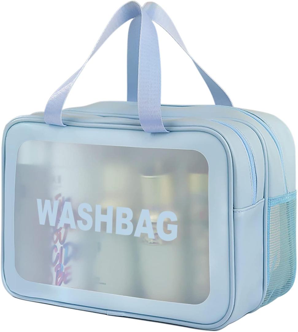 Travel Toiletry Bag for Women, Matte Translucent Toiletry Bag with Handy Handle, Makeup Cosmetic Organizer Bag for Travel Toiletries Accessories (Blue-XL)