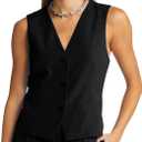 GAMISOTE Women Buttons Vest Crop Vintage Sleeveless V Neck Elastic Chiffon Waistcoat (Medium, Black)