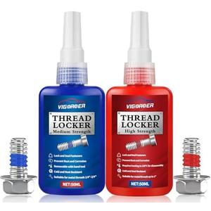 Vigorder Thread Lock Medium and High Strength, Thread Locker for Nuts, Bolts, Fasteners and Metals to Prevent Loosening and Leakage, Blue and Red, 2 Pack