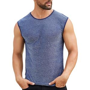 ABAFIP Men's Sparkly Glitter Mesh Tank Top Sleeveless Sheer Undershirt Rave Tanks Party Tee Shirts (Navy Blue, Small)