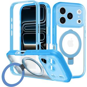 for iPhone 17 Pro Max Case with Magnetic Invisible Stand [Compatible with MagSafe] Military Drop Protection Shockproof Slim Translucent Skin-Touch Case Cover Light Blue