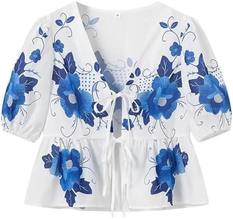 Gihuo Womens Tie Front Floral T-Shirt Cute V Neck Ruffle Hem Short Sleeve Summer Cropped Shirt Top Babydoll Blouse, L