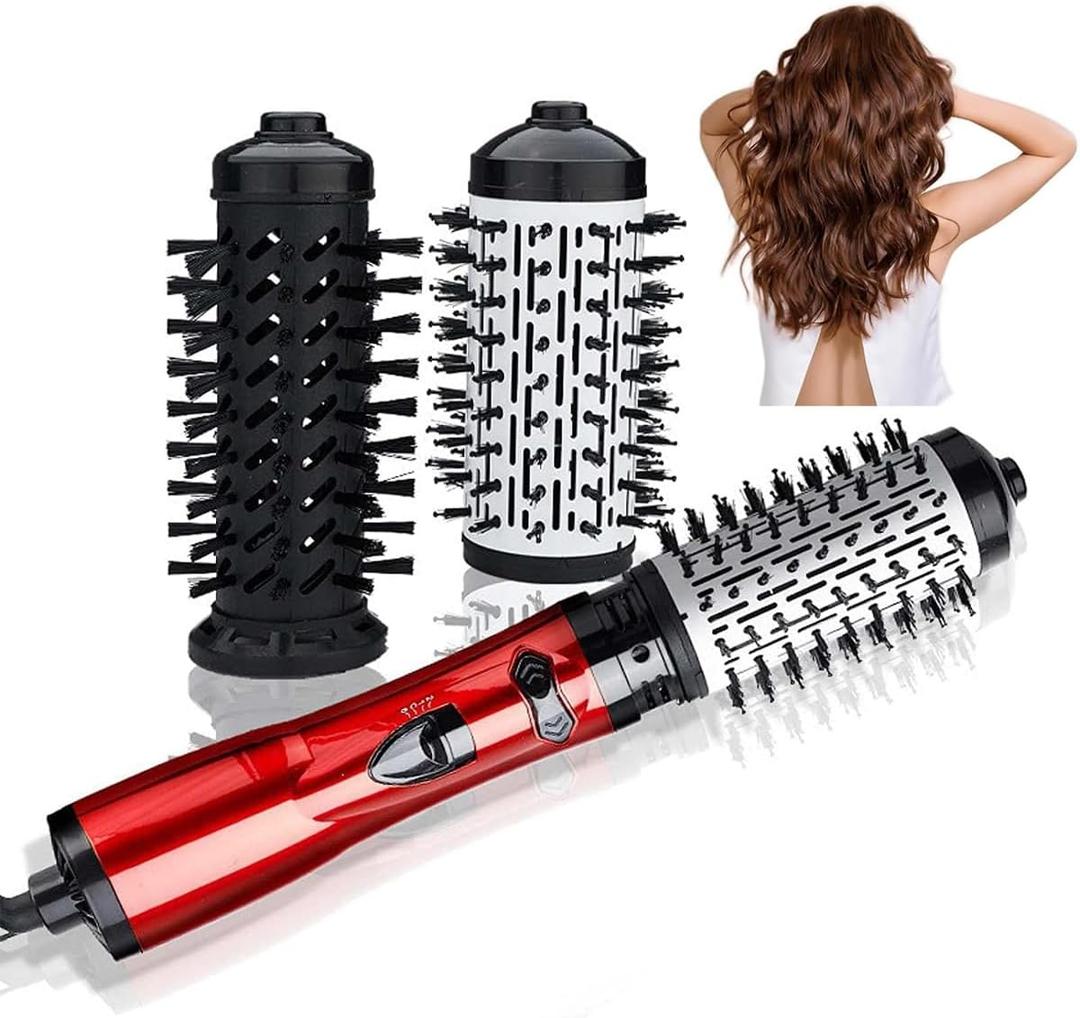 3-in-1 Hot Air Styler & Rotating Hair Dryer Brush with 2 Interchangeable Brushes | Anti-Frizz Ionic Technology for Straightening, Drying & Curling | 3 Heat Settings & 360 Rotation (Red)