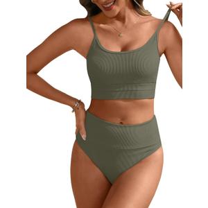ANRABESS Women High Waisted Bikini Sets Color Block Summer Beach Vacation 2 Piece Bathing Suit Tummy Control Ribbed Swimsuit (Small, Army Green)