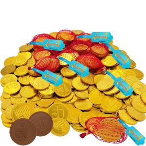 The Dreidel Company Hanukkah Chocolate Gelt Gold Coins 6-Mesh Bag, Chocolate Coins, Kosher Ou-D Certified Gelt (6 Mesh Bags) 4 Menorah and Dreidel Designed Coins Per Bag (EXP 01/01/27)