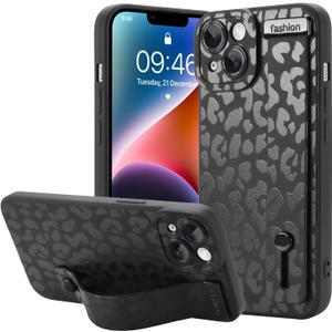 OOK Compatible with iPhone 14 Leopard Case with Wrist Strap, Black Leopard TPU Shockproof Protection Slim Cover with Camera Protection for Women Girls, for 6.1inch
