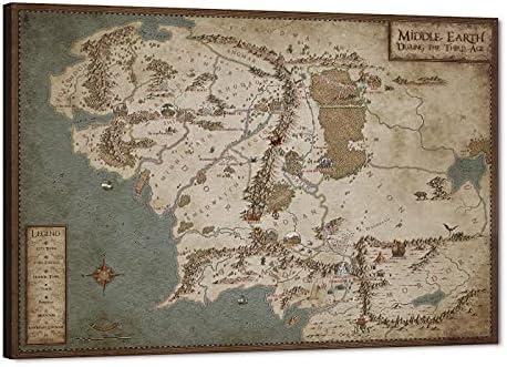 Middle Earth Canvas Wall Art - HD Print Retro Map Painting for Home Wall Decor, Vintage Movie World Map Poster Framed Artwork (18" H x 24" W)