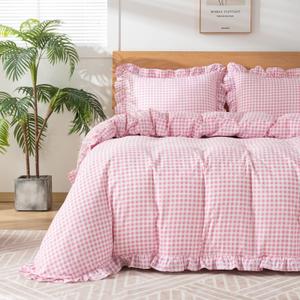 Gingham Duvet Cover Queen Size, 3 Pieces Soft Breathable Microfiber Plaid Comforter Cover with Zipper Closure & 2 Pillow Shams, Ruffle Farmhouse Vintage Decor, Pink