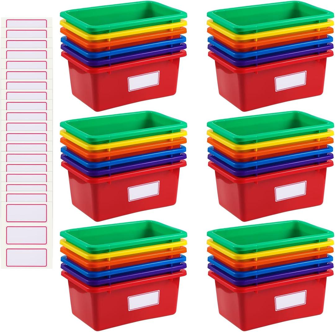 Outus 36 Pcs Plastic Cubby Bins Bulk for Classroom Organization Small Stackable Book Bins Toy Storage Tubs Box Container Organizer with 120 Self Adhesive Label for Library School Office Home, 6 Colors