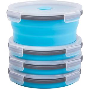 Collapsible Food Storage Containers Round with Airtight Lid, 27 oz, Kitchen Stacking Silicone Collapsible Meal Prep Container Set for Leftover, Microwave Freezer Dishwasher Safe, Blue, Set of 4