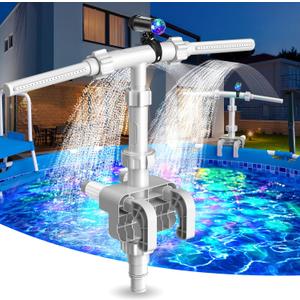 Above Ground Pool Fountain with Lights, 360Adjustable Dual Spray Waterfall Fountains, Fits Top Rails from 1.2"-4.7", Pool Sprinkler, Frame Swimming Above Ground Pool Accessories for Cooling Decor