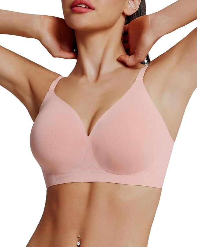 HORISUN Womens Seamless Wireless Supportive Bra Push Up Comfort V Neck Soft No Underwire Full Coverage Bra (Pink,S)