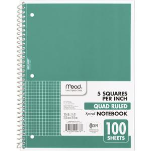 Mead Spiral Notebook, 1 Subject, Graph Ruled Paper, 7-1/2" x 10-1/2", 100 Sheets, Green (05676AC5)